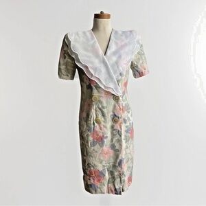Vintage Leslie Fay Midi Dress Flax Floral Chiffon Shirt Sleeve ILGWU 8 Petite